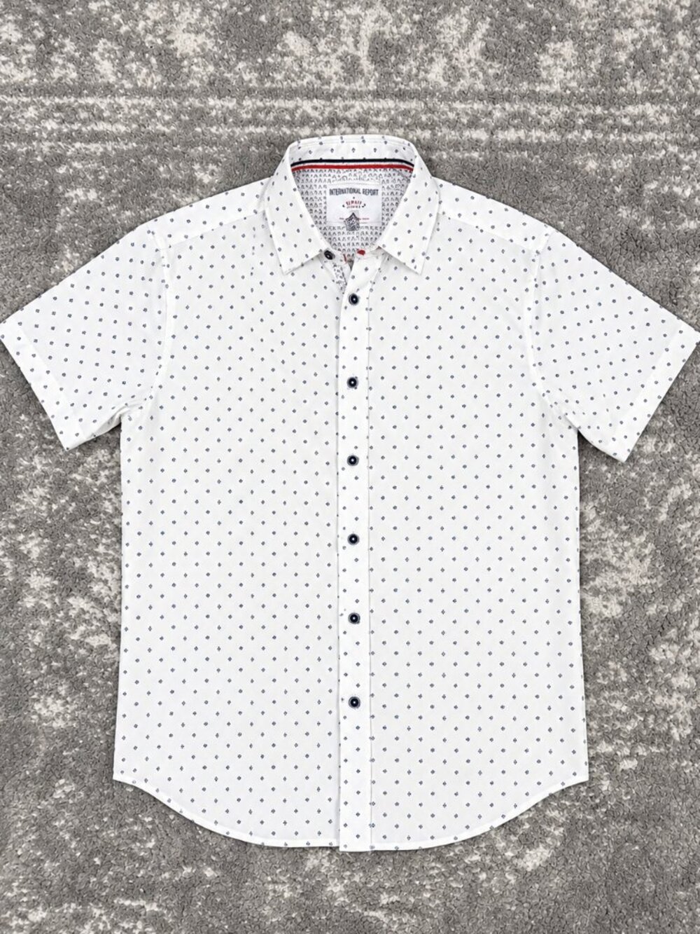 International Report White Blue Micro Print Short Sleeve Button Up Shirt